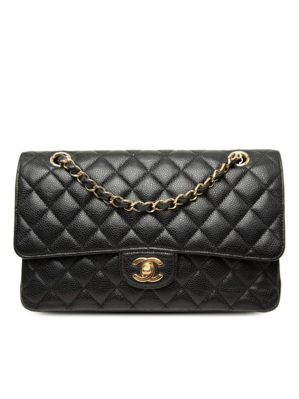 Chanel CC Logo Quilted 25 Double Flap Chain Shoulder Bag Black Caviar Leather